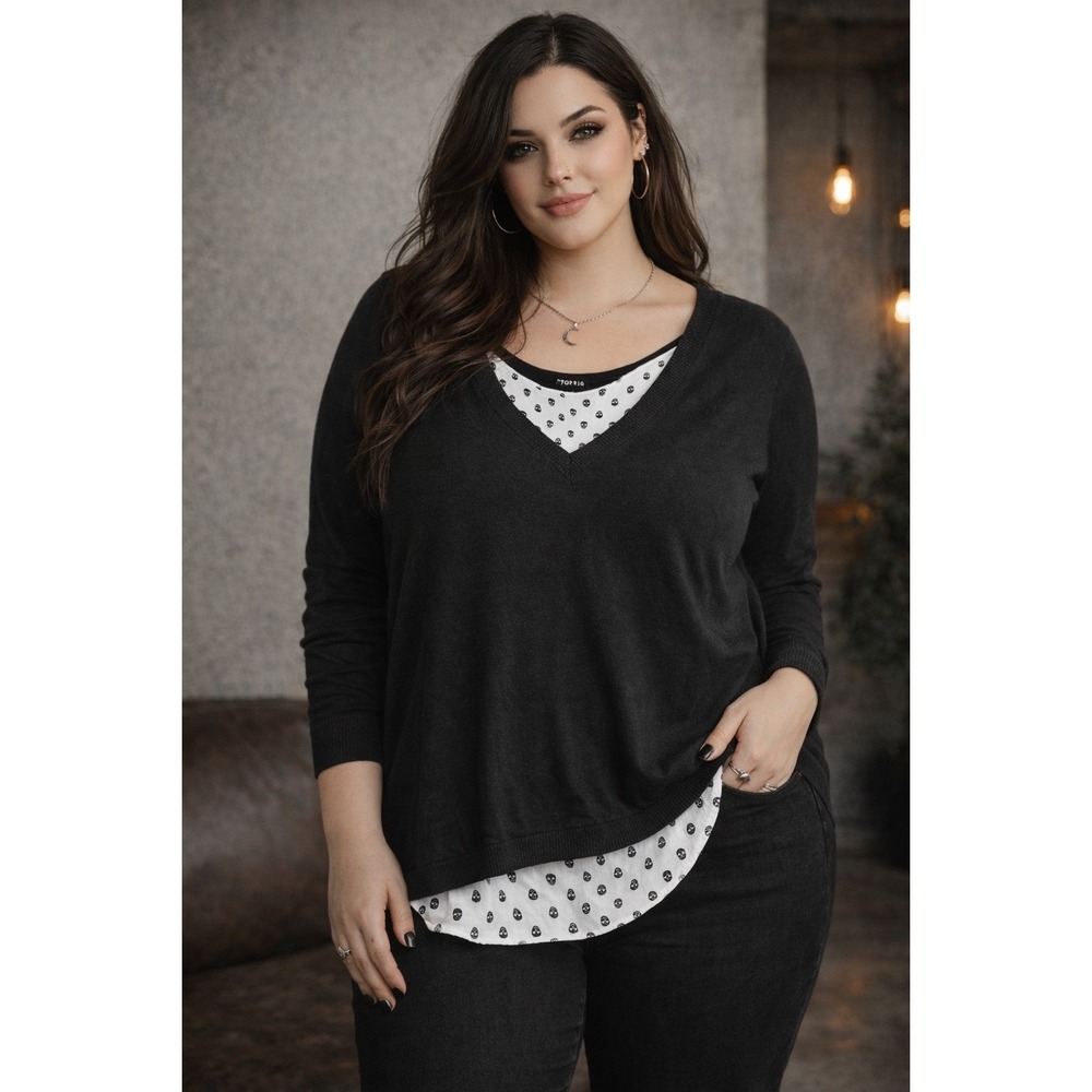 Torrid Layered Skull Sweater Top 2 Black White Oversized Grunge Preppy‎ Capsule